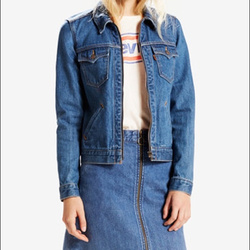 Levi's denim trucker orange tab zip up jacket in Medium